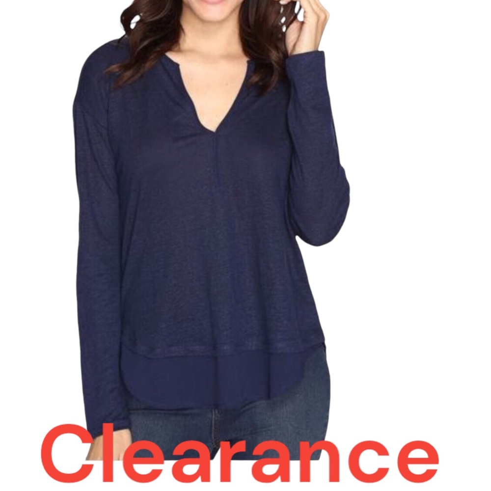 🔴 SANCTUARY Navy Slub Linen Henley w/ Chiffon Hem NWT